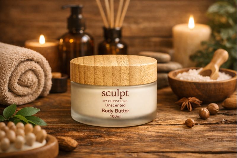 A jar of unscented body butter from the Sculpt by Christlene product line surrounded by lit candles and fresh rolled towels and aromas