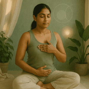 Pregnant woman in a green shaded outfit and in a peachfully lit room holding her chest and tummy | Hormone Harmony & Breathwork