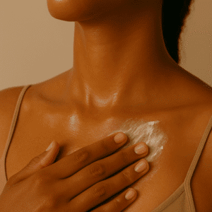 Melatonin-rich skinned woman in a vest rubbing body lotion on chest | PCOS Skin Wellness