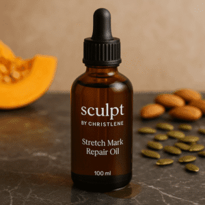 A bottle of Stretch Mark Repair Oil on table surrounded by fresh fruit | Sculpt by Christlene