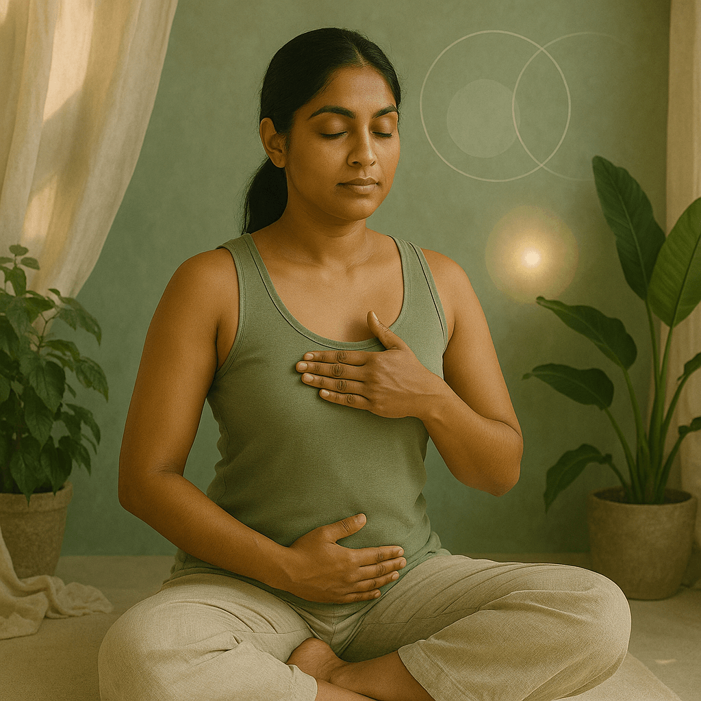Pregnant woman in a green shaded outfit and in a peachfully lit room holding her chest and tummy | Hormone Harmony & Breathwork