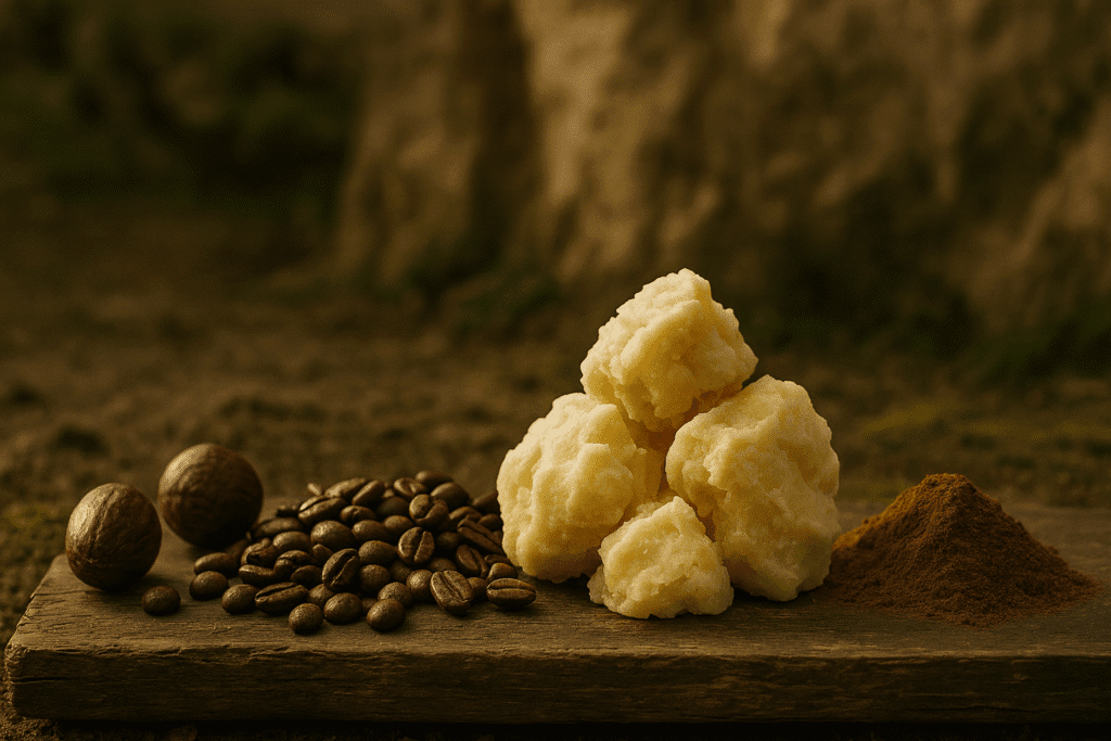 A brown table layered with cocoa beans and butter with walnuts on the side