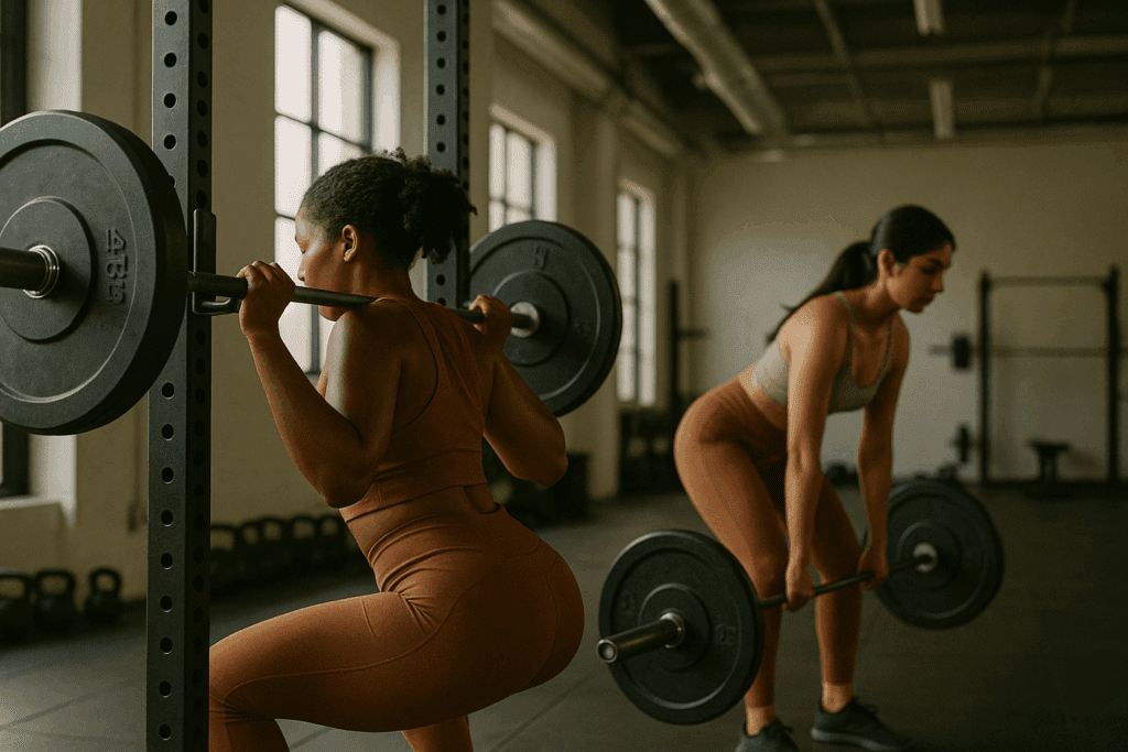 Two women strength training via squats and deadlifts with barbells and weights in a gym