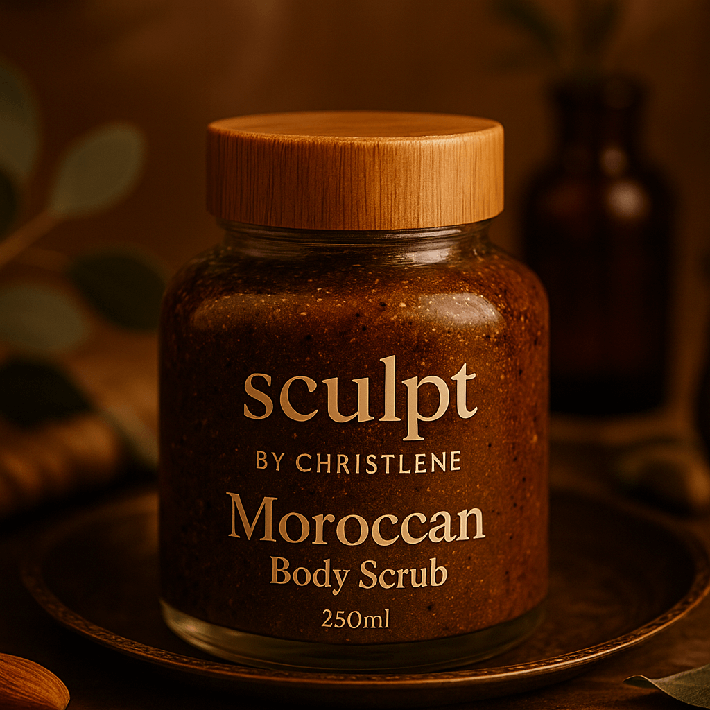 A brown bottle of Moroccan Body Scrub placed onto a small brown plate