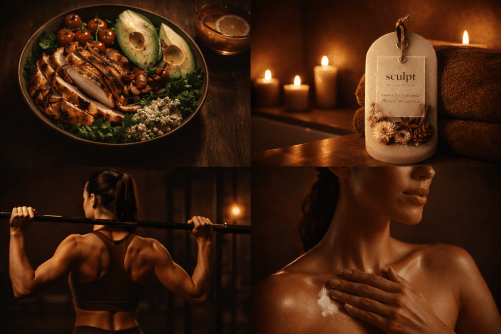 An assortment of graphics showing four images laid out in a grid that displays a plate of fresh healthy food consisting of chicken and avocados near vegetables and in other image a woman with a barbell resting on her shoulders while in other image showing a woman applying lotion on her skin with the final image showing a tablet with Sculpt by Christlene branding and messaging